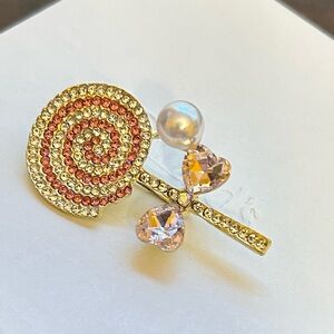 Gold Tone & Pink Lollipop Brooch Pin NWOT w/Faux Pearl Measures 2 X 1 Inches